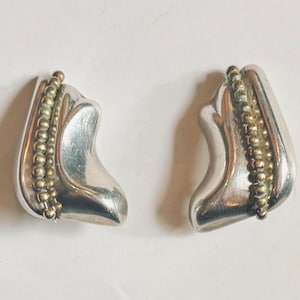 Vintage Orquidia Mexico Modernist Aomebic Shaped Sterling Silver and Gilt Brass Earrings Taxco 950 1980s