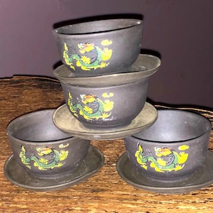 4 Matching Vintage Handmade Japanese Dark Ceramic Raku Teacups and Saucers w Dragon Transferware Tea Set (no teapot)