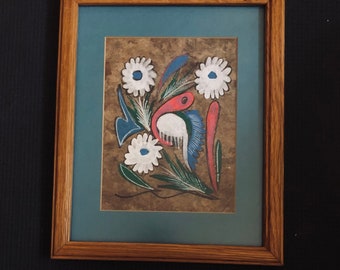Vintage Amate Bark White Flowers Pink Mexican Bird Painting Mexican Folk Art Boho Tree Bark Indigenous Floral Art Nahua Indian Alebrije