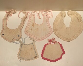 Vintage 1950s Adorable Handmade Crocheted Baby Bib Collection Grandma Homemade Doll Infant Bibs Newborn Babies AS IS