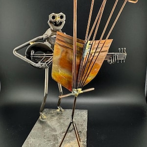 Whimsical Vintage Modernist Brutalist Nuts and Bolts Scrap Metal Musician Acoustic Guitarist Folk Art Sculpture Smiling Man Playing Guitar