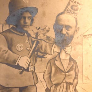 Divertente stampa satirica vintage povera di Hooligan basata su Fred Opper Happy Hooligan Comic Strip Umoristico Cartoon Hobo & Cop