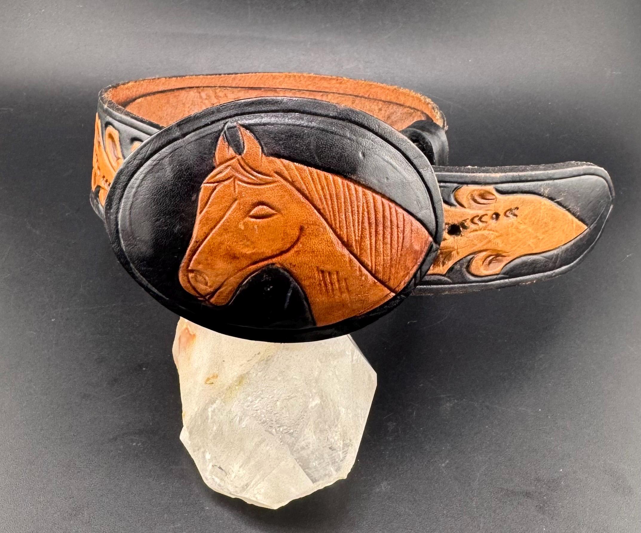 Vintage‎ Hand Tooled Leather Belt Live Edge Wood Buckle Western Unisex Large 36 Western Belt Cowboy Full Grain Leather Tooled With Removable  main image 2