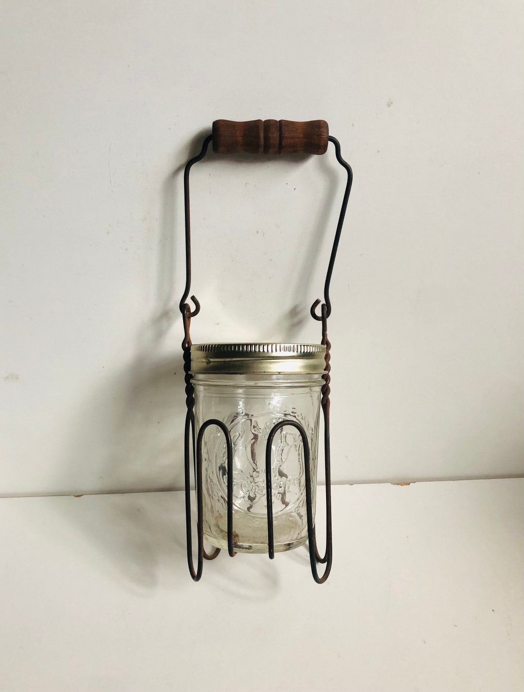 Small Rustic Vintage Wire Canning Jar Holder Mason Jar Lifter W Wooden