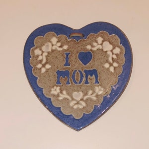 Vtg CCP Clay City Pottery Ceramic Heart Wall Plaque Trivet I Love Mom Purple & Heart Stencils Mother&#39;s Day Gift Cottagecore Farmhouse Decor