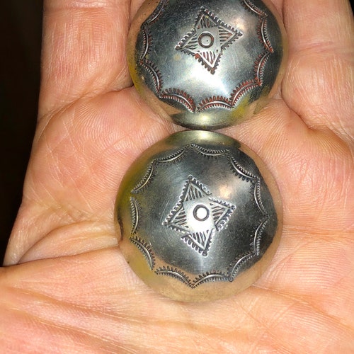 Vintage Native American Large shops Silver Tribal Buttons Pair of Large Hand Made Navajo Domed 1 1/4 Inch Ea Four Legged Star Design Indian Pawn