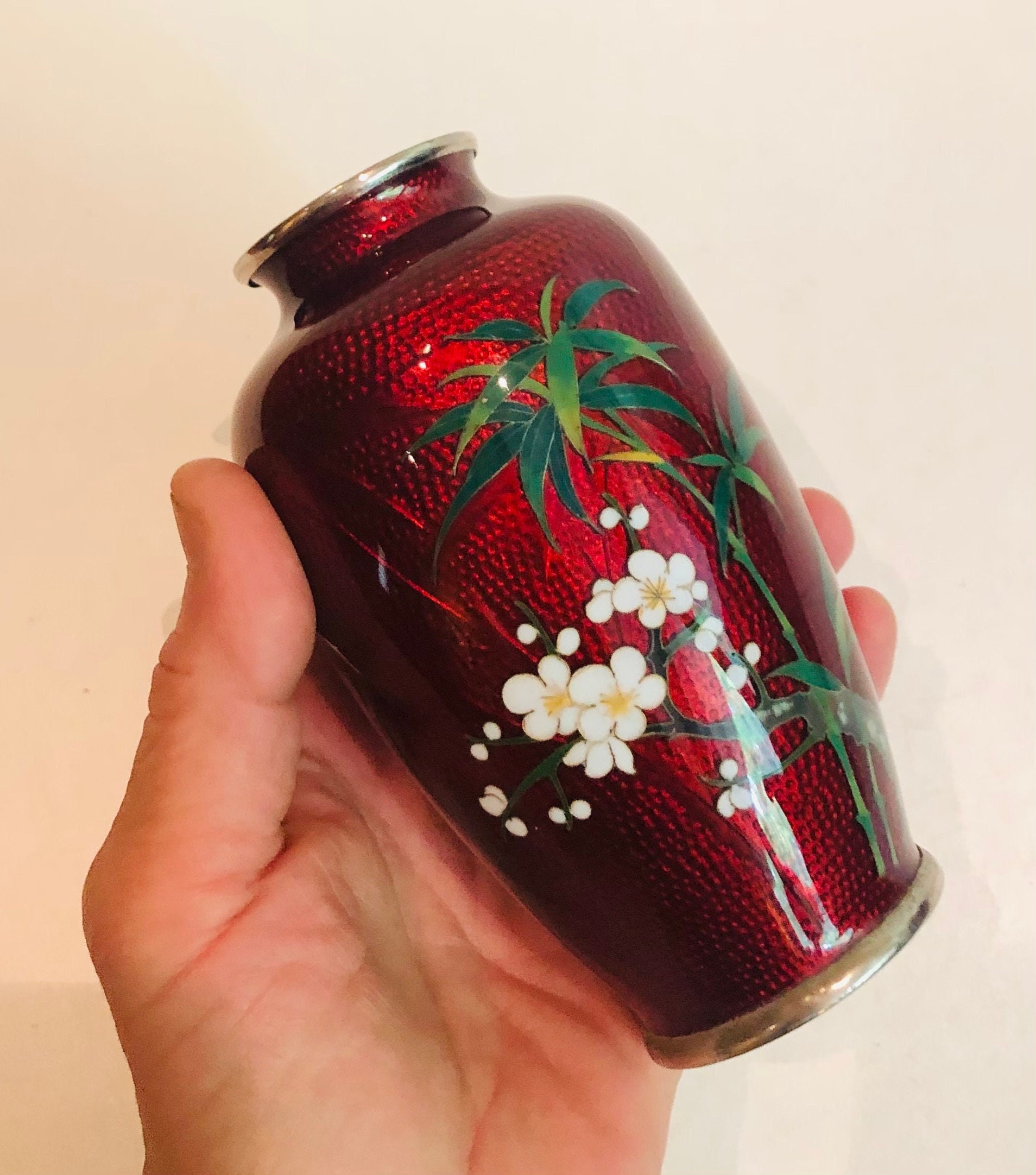 Vintage Red Japanese Sato Cloisonné Bud Vase Pigeon Blood Akasuki