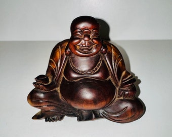 Vintage Wooden Chinese Buddha Sculpture Lucky Big Earlobes  Smiling Statue Holding Lotus Bloom Zen Meditation Altar Buddhist Temple Figure