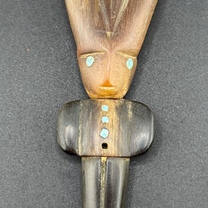 Vintage Carved Horn Mayan Warrior  Maximón Guatemalan Chichicastenango Knife Inlay Tattered Leather Sheath Precolumbian Style