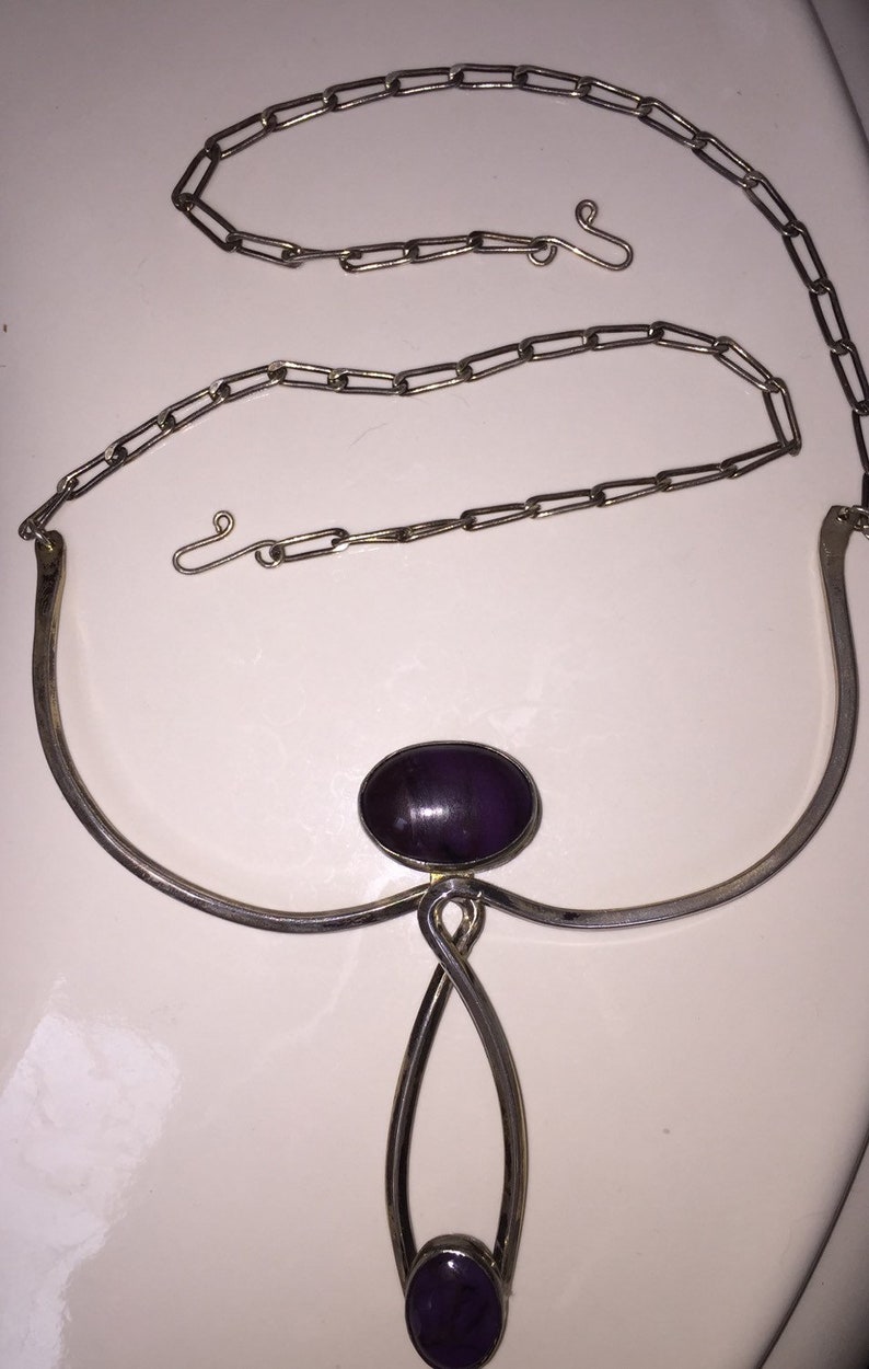 Modernist Charoite Necklace Silver Collar Bib Necklace Designer Bib Collar Necklace Artist Signed Purple Stones Hippie Jewelry