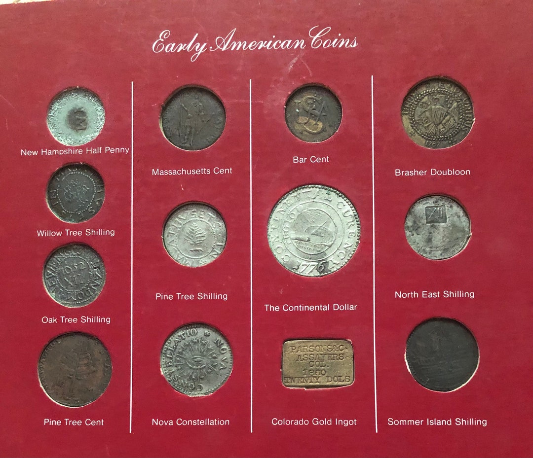 Vintage Replica Early American Coins Collectors Card 13 US Americana Shillings Cents Dollars