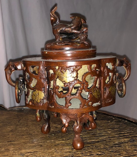 Vintage Rare Censer Lion Bird flower Brass height 9.5cm 古い香炉