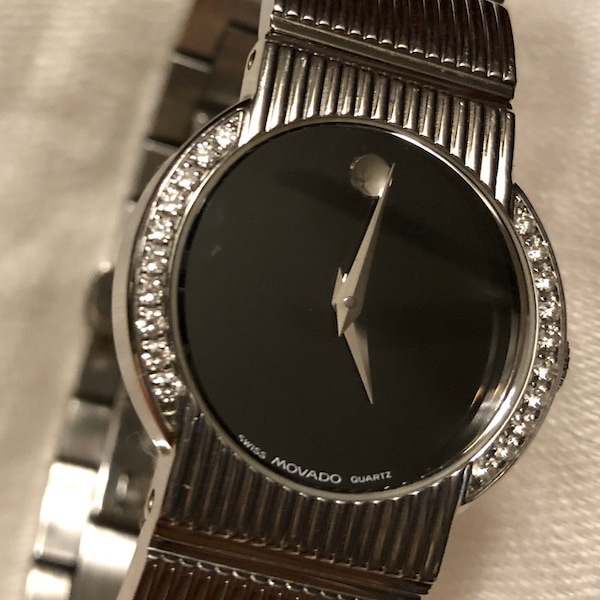 Vintage Movado Watch 1980s-90s Diamond & Stainless Wristwatch Black Dial All Original 21J Woman's Watch Unisex Watch