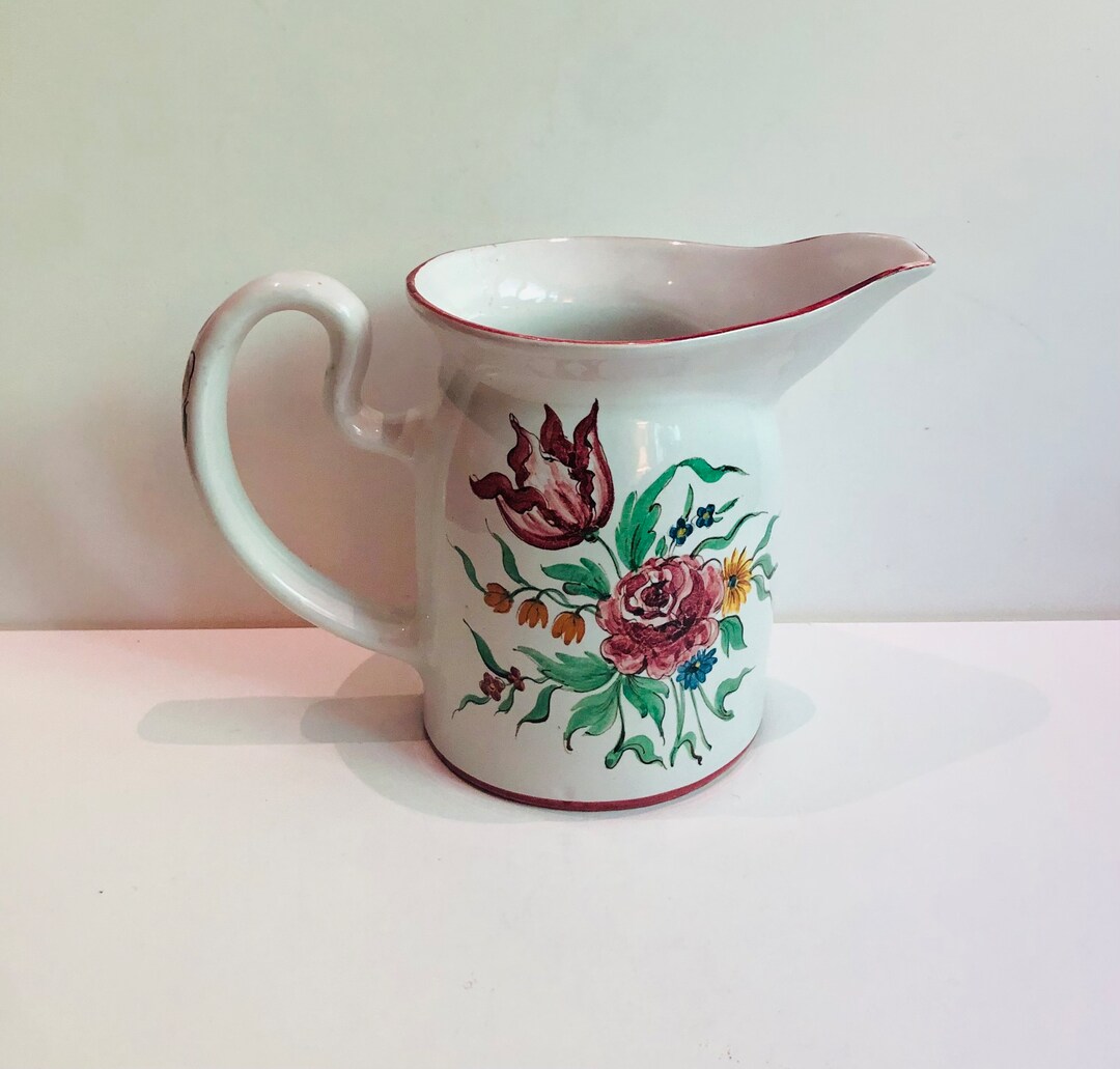 Vintage Hand Painted Italian Ceramic Water Pitcher Milk Jug Pink Roses ...