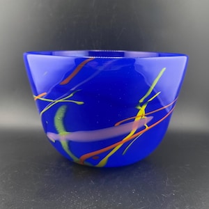 Vintage Hand Blown Studio Art Glass Cobalt Bowl w Multicolor Confetti Postmodern Style Modernist Sculpture signed RGGS 2002