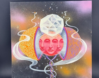 Surreal Celestial Trippy Painting on Board Celestial Beings Georgia Folk Art Wall Hanging