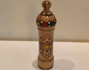 Adorable Vintage Wooden Bulgarian Perfume Flask Sent Bottle Lidded Wood Bulgaria Folk Art Carving Red Rose Pyrography