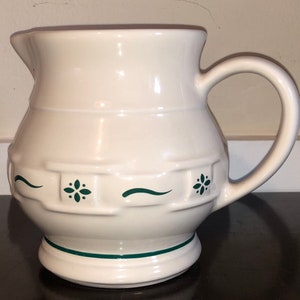 1998 Vintage Ceramic Longaberger Water Pitcher Jug Woven Traditions Pattern Beige w Green 1 Quart