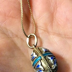 Enameled Russian Egg Pendant Vintage Russian Enameled Egg Necklace Silver Hallmarked Pendant on costume neck Chain