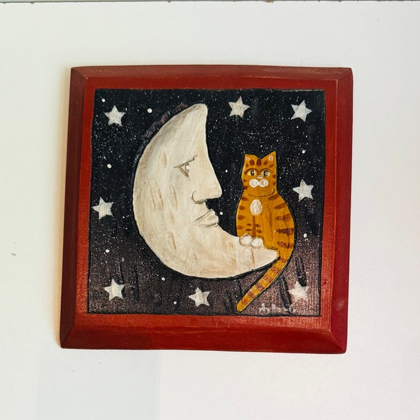 Primitive Whimsical Folk Art Ginger Cat Crescent Moon Moonface Painting Carved Wood Plaque Wall Art Celestial Stars Space Kitty Outsider Art