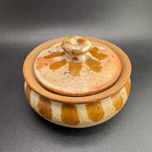Op de afbeelding: Een keramische pot met een deksel. De pot is beige met verticale bruine strepen. Het deksel is beige met bruine bloempatronen en een kleine knop. De rand van de pot en het deksel zijn bruin.