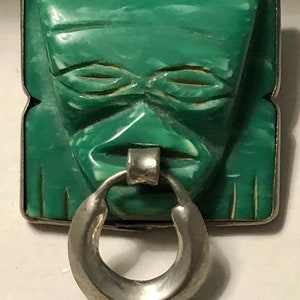 Vintage Mexican Tribal Mask Brooch Antique Mexican Carved Face Pin Face with Nose Ring Piercing SALE image 3