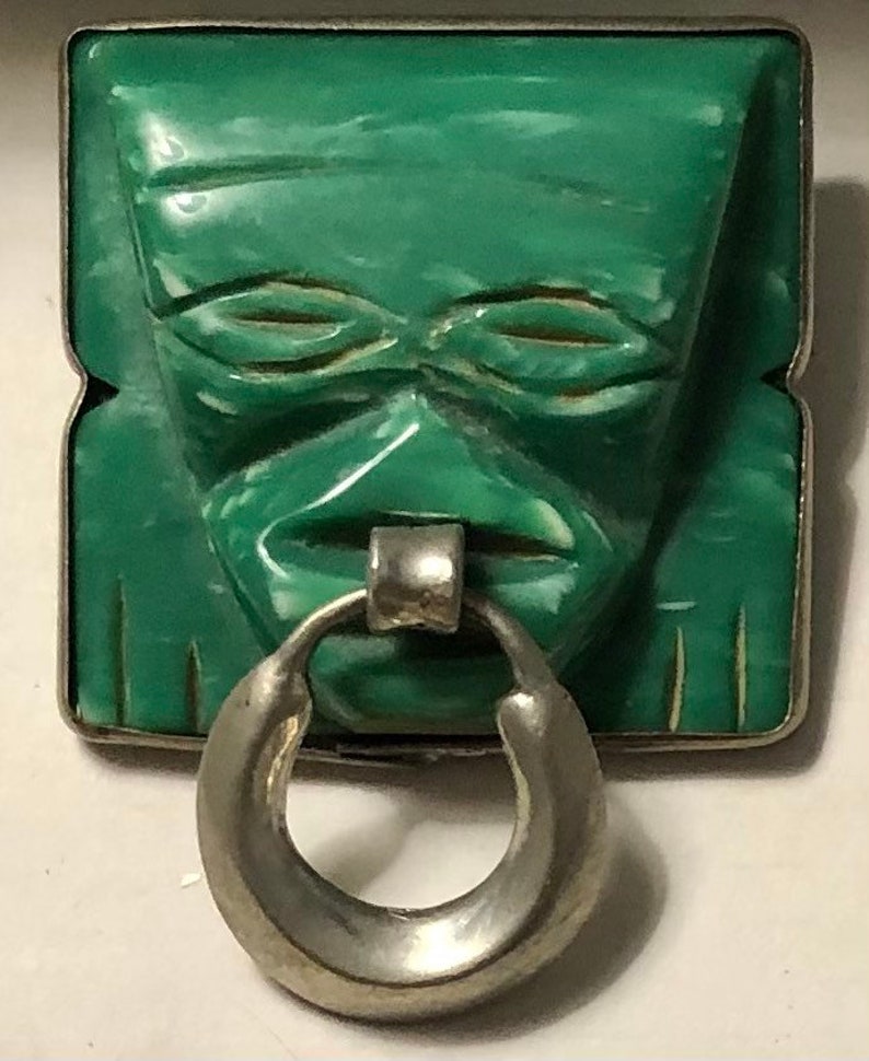 Vintage Mexican Tribal Mask Brooch Antique Mexican Carved Face Pin Face with Nose Ring Piercing SALE image 3