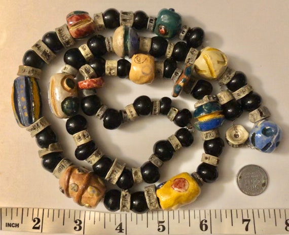 Vintage Ceramic Folk Art Beaded Necklace Polka Dots & Fun Pottery 