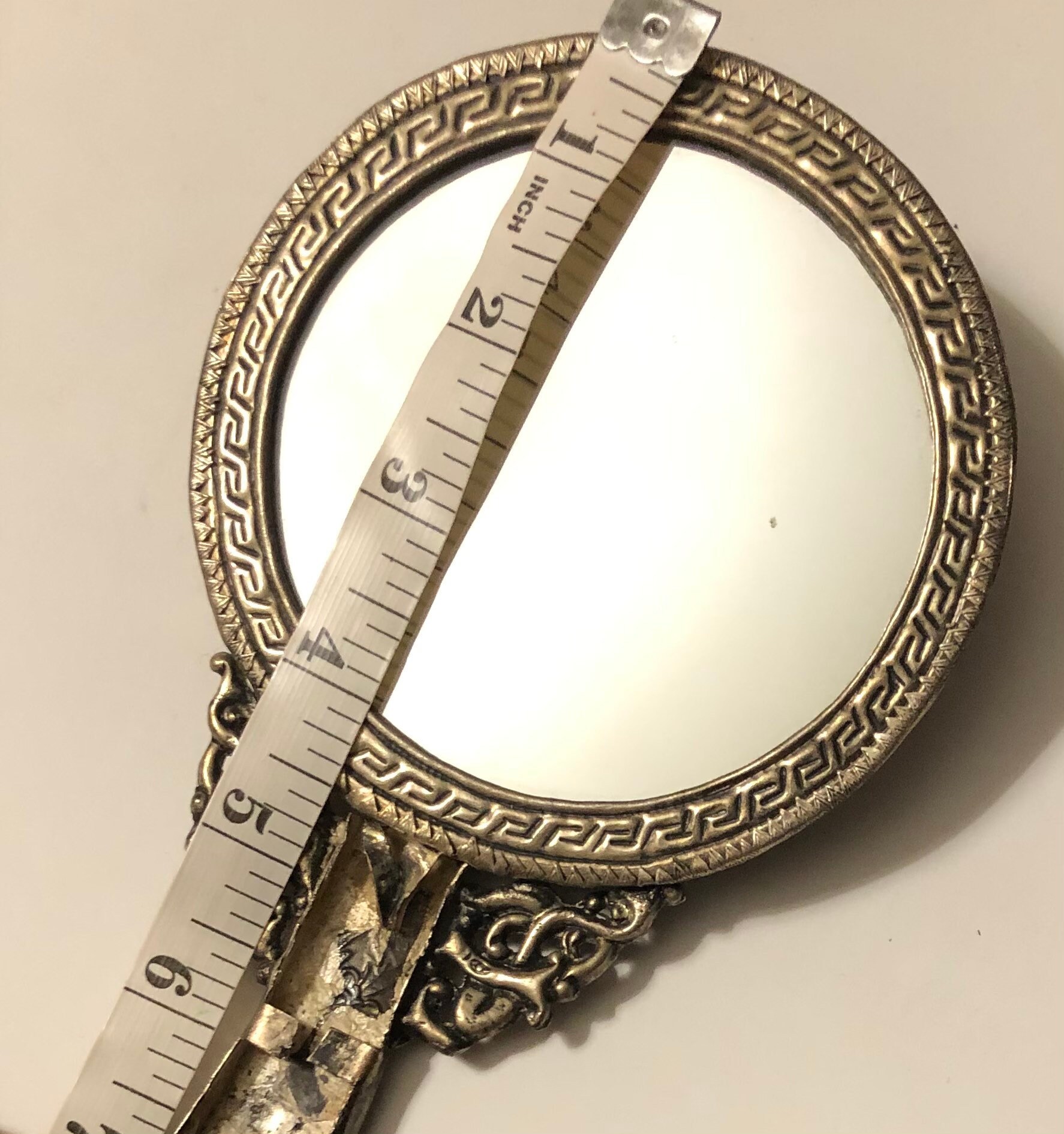 Antique Chinese Hand Mirror Ornate Metal Work Winged Creature and