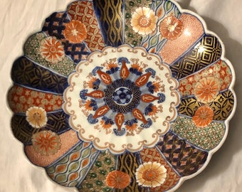 Rare 19th Century Japanese Imari Plate Antique Scalloped Platter w Chrysanthemums Lotus Flowers ca 1850s