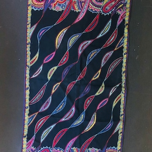 Long Vintage Large Purple Pink Red Jewel Tone Paisley Scarf Hippie Granny Attire Ca 1970s-80s