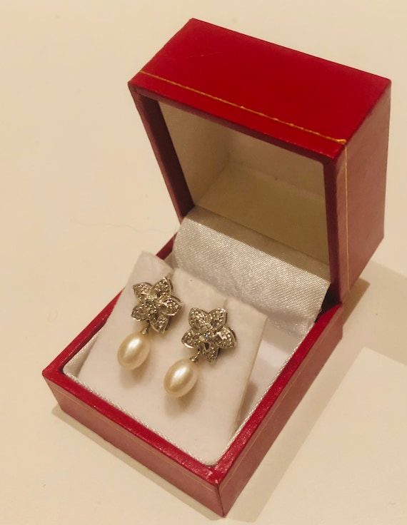 Stunning Vintage 14K White Gold Diamond Pearl Dro… - image 6