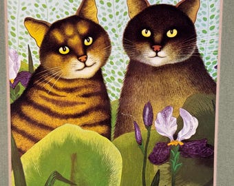 Vintage Surreal Cats in Garden Print Christine Chagnoux Framed