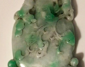 Vintage Jadeite Plaque Double Sided Carved Jade Statue Ornate Sculpture 1920s-40s
