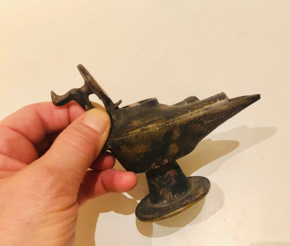 Vintage Bronze Byzantine Style Oil Lamp Double Spout Dove of
