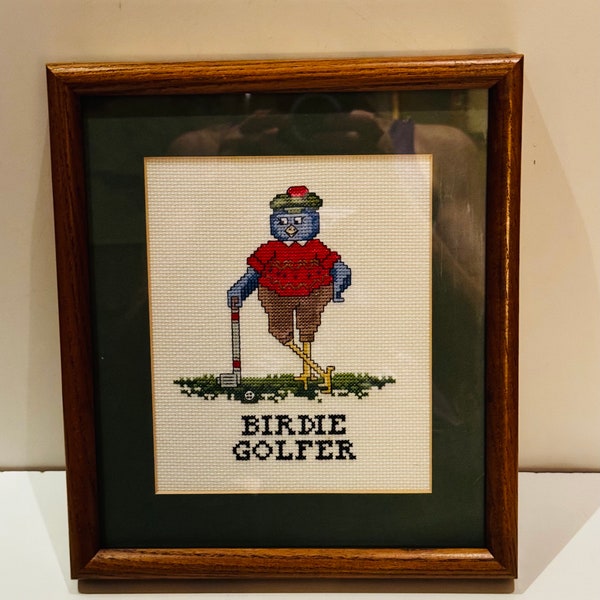 1989 Diana Prain Birdie Golfer Cross Stitch Framed Needle Work Karen’s Creations Golf isms Anthropomorphic Bird Humorous Golfing Wall Art