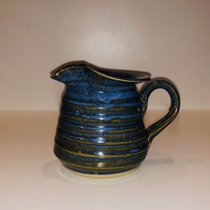 Vintage Hand Thrown Ribbed Pinched Spout Cream Pitcher Miniature Pitcher Creamer Sapphire Blue Jewel Toned Glaze Signed WF 92 &quot;Cool Cloudy&quot;