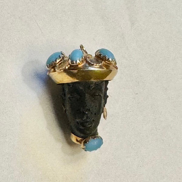 Large Vintage 18K Gold Italian Corletto? Ebony African Princess Nubian Blackamoor Charm Pendant w Cabochon Persian Turquoise Turban