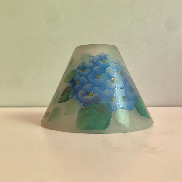 Vintage 1999 Glynda Turley Glass Tealight Fairy Lamp Shade Light Fixture Blue Purple Hydrangea Painting Cottage Core