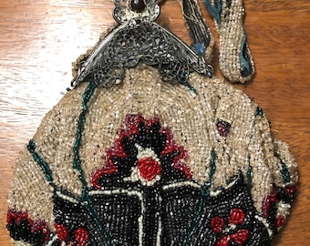 Antique Filigree Framed Beaded Purse Orig Silk Lining Mirror Nouveau Deco Chatelaine Wrist Strap Roaring Twenties Flapper Dark Academia