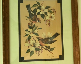 Vintage Bird Print signed William J. Whiteside Gold Foil Birds on Dogwood Branch Dogwood Flower Blossoms Georgia State Flower