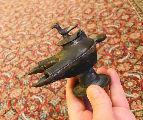 Vintage Bronze Byzantine Style Oil Lamp Double Spout Dove of