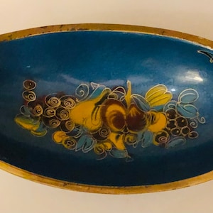 Vtg MCM Blue Enameled Brass Bowl Jerusalem Made in Israel Table Decor Jewish Holiday High Table Centerpiece Israeli Brutalist Bowl