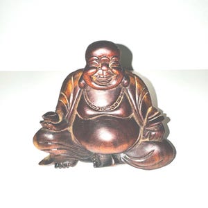 Vintage Wooden Buddha Statue Smiling Lotus Bloom Carved Sculpture Zen Buddhist Meditation Altar Decor