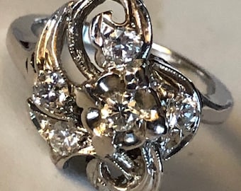 White Gold Diamond Ring Vintage Diamond Ring White Gold 1950s Diamond Cocktail Ring Over Half Carat w Quality Diamonds 14K Size 4 1/2