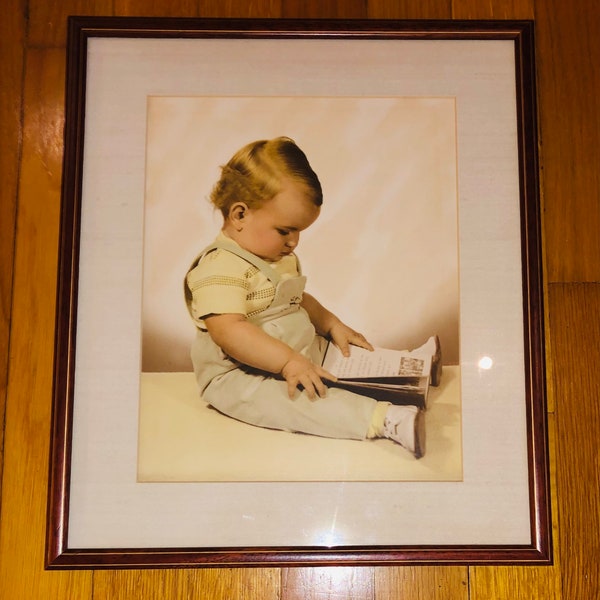 Adorable 1950s Baby Photograph Beautifully Framed Toddler Boy in Overalls w Book Vintage Mid Century Hand Tinted Photography Framed Photo