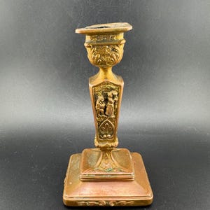 Antique Arts and Crafts Jennings Brothers Candlestick Holder Dancing Couple European Village Tavern Scene Copper Bronze Look  JB 1302 5.5”