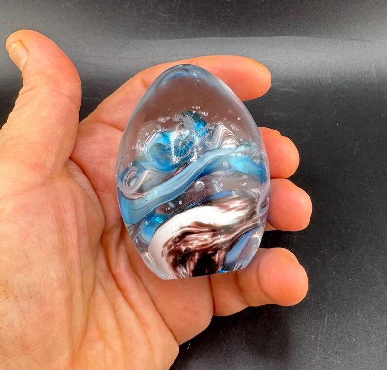 Vintage Art Glass Paperweight Egg Ocean Storm Blue Swirl & Bubbles by ...