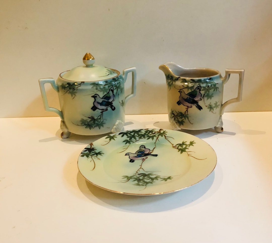 Antique Hand Painted Nippon Love Birds Creamer and Covered Sugar Set W