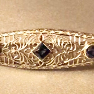 Antique Sapphire Filigree Brooch White Gold Filigree Bar Pin Brooch 14K Gold Ca 1910 Edwardian Gold Brooch